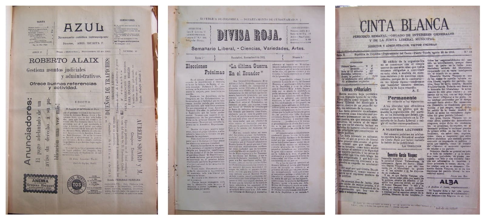 Algunos semanarios que han incluido en su título el nombre de un color: Azul (1911), Divisa Roja (1912) y Cinta Blanca (1920). Fondo de procedencia: Biblioteca Nacional de Colombia.